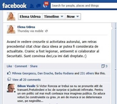 Sa-i dam... carte Elenei Udrea. Azi, despre Nichifor Crainic... 