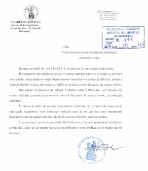 Replica Academiei Romane: &bdquo;jidan&ldquo; ramane in DEX cu mentiunea &bdquo;nerecomandat&ldquo;